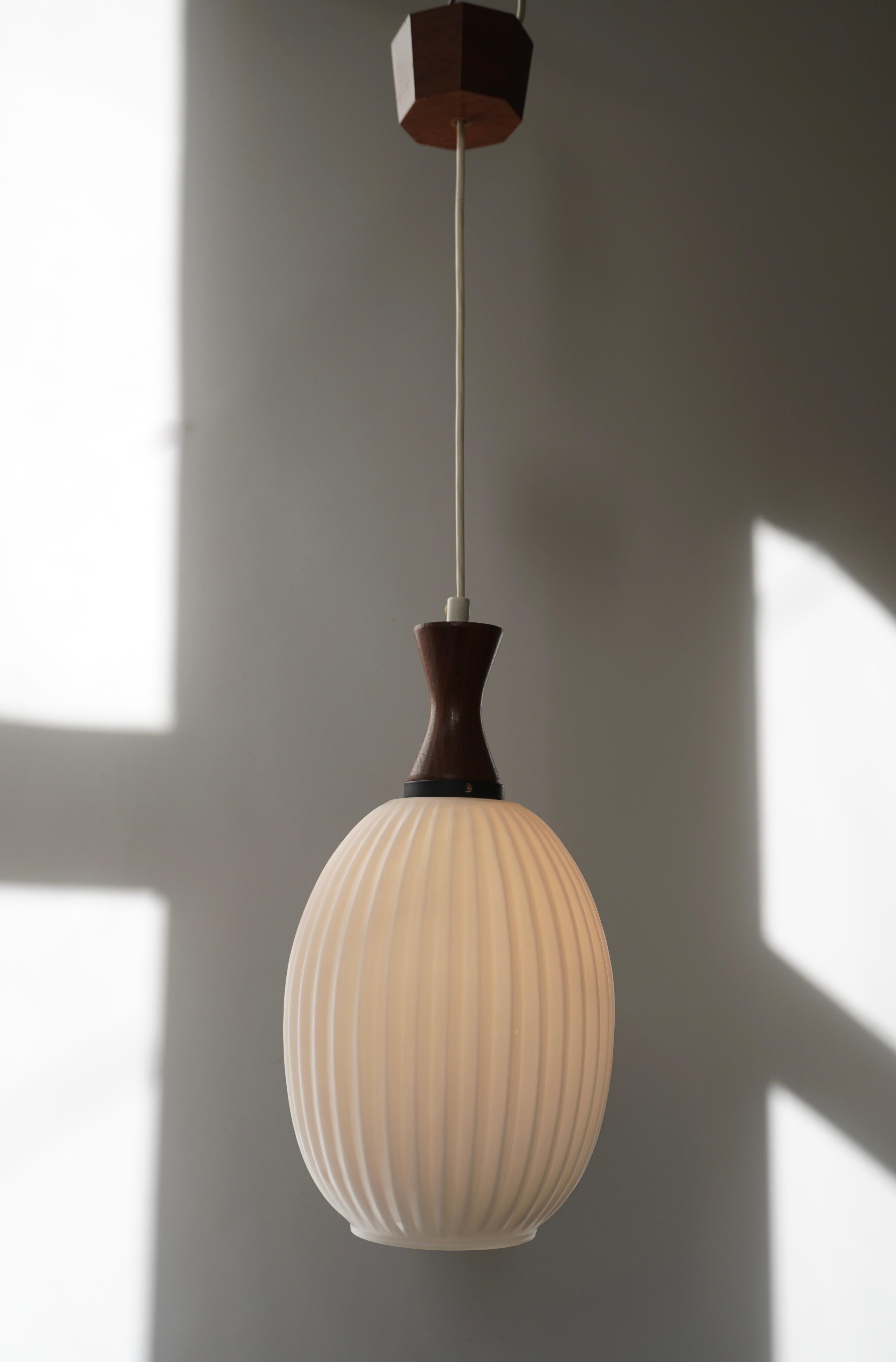 Opaline Glass Midcentury Danish Glass and Wood Chandelier or Pendant Light For Sale