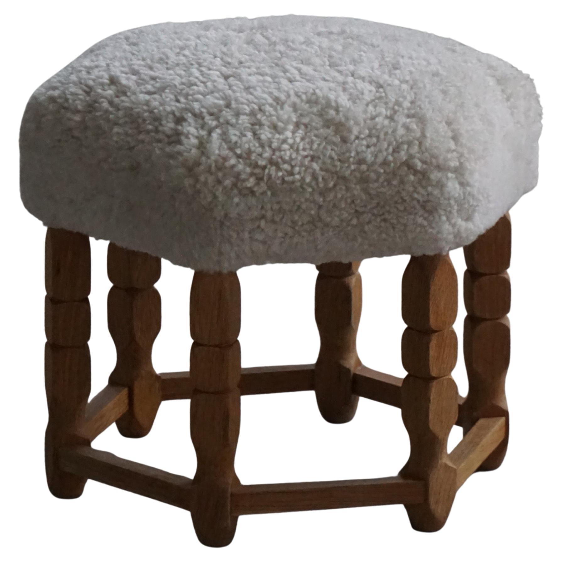 Mid-Century Danish Hexagonal Oak Stool with Lambswool Upholstery, 1950s