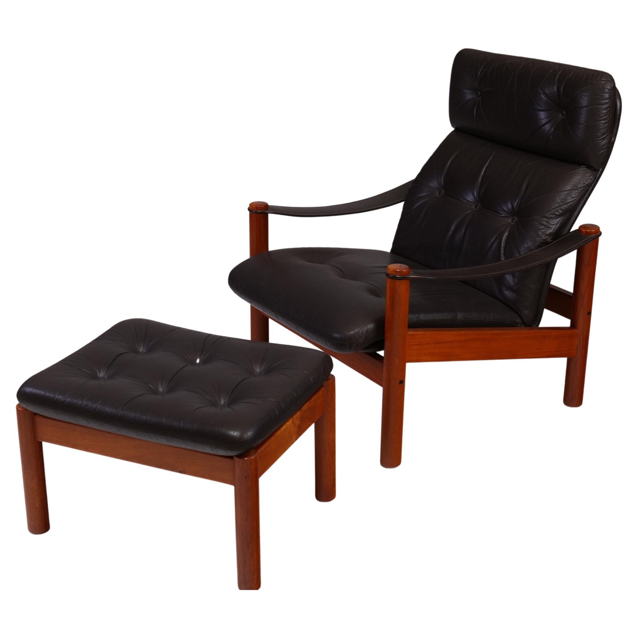 Mid-Century Danish Leather Lounge Chair with Ottomann