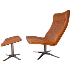 Midcentury Danish Leather Swivel Chair and Ottoman, 1970s