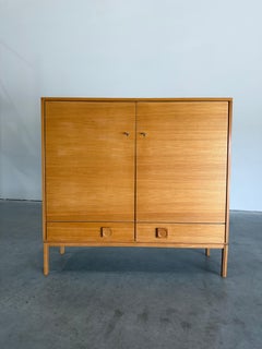 Mid Century Danish Locking Blonde Wood Storage Linen Cabinet