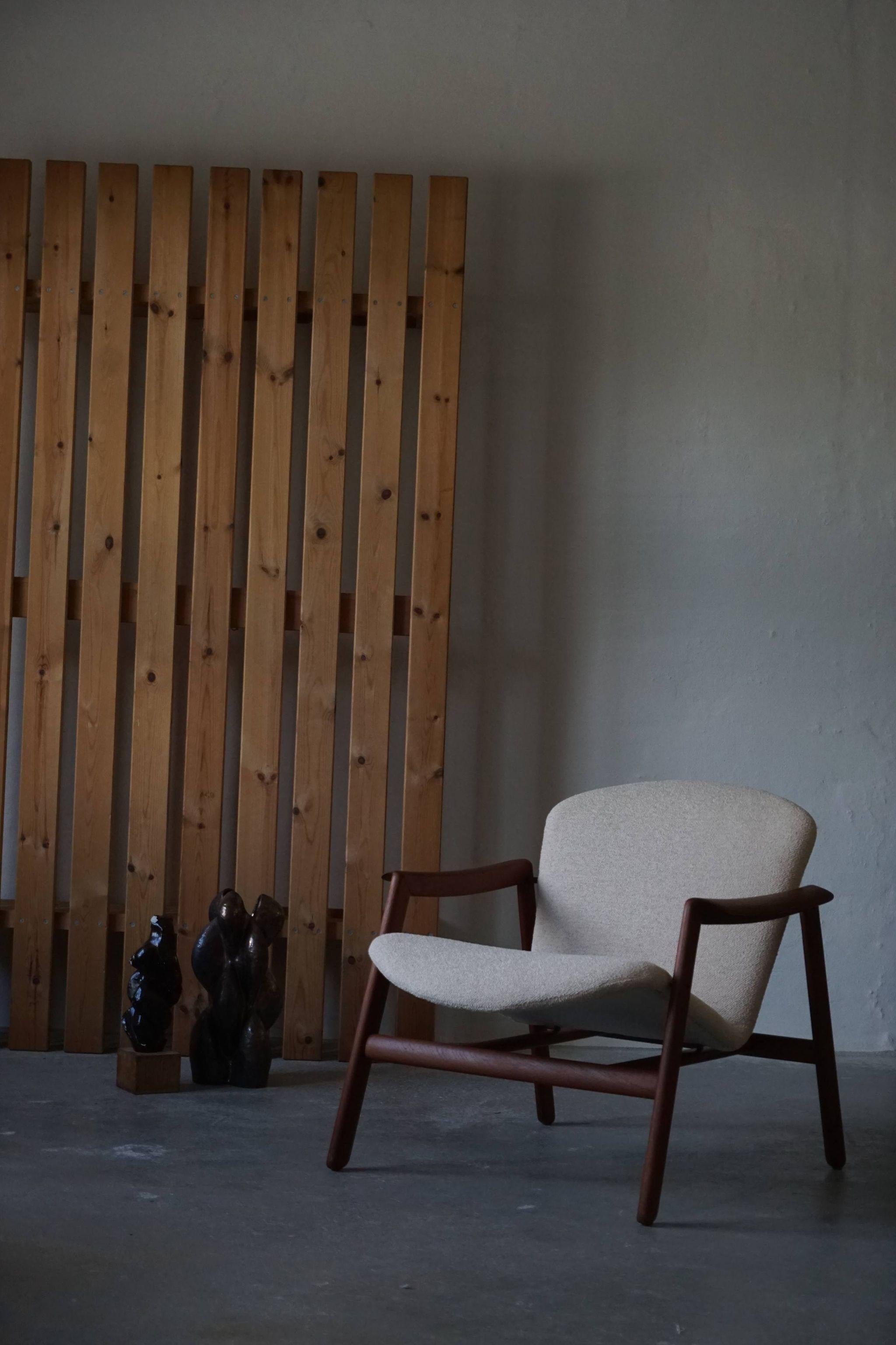 Mid Century Danish Lounge Chair in Teak and Bouclé, Finn Juhl Style, 1960s 15