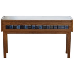 Mid-Century Danish Low Oak & Blue Tile Storage Unit, 1970s