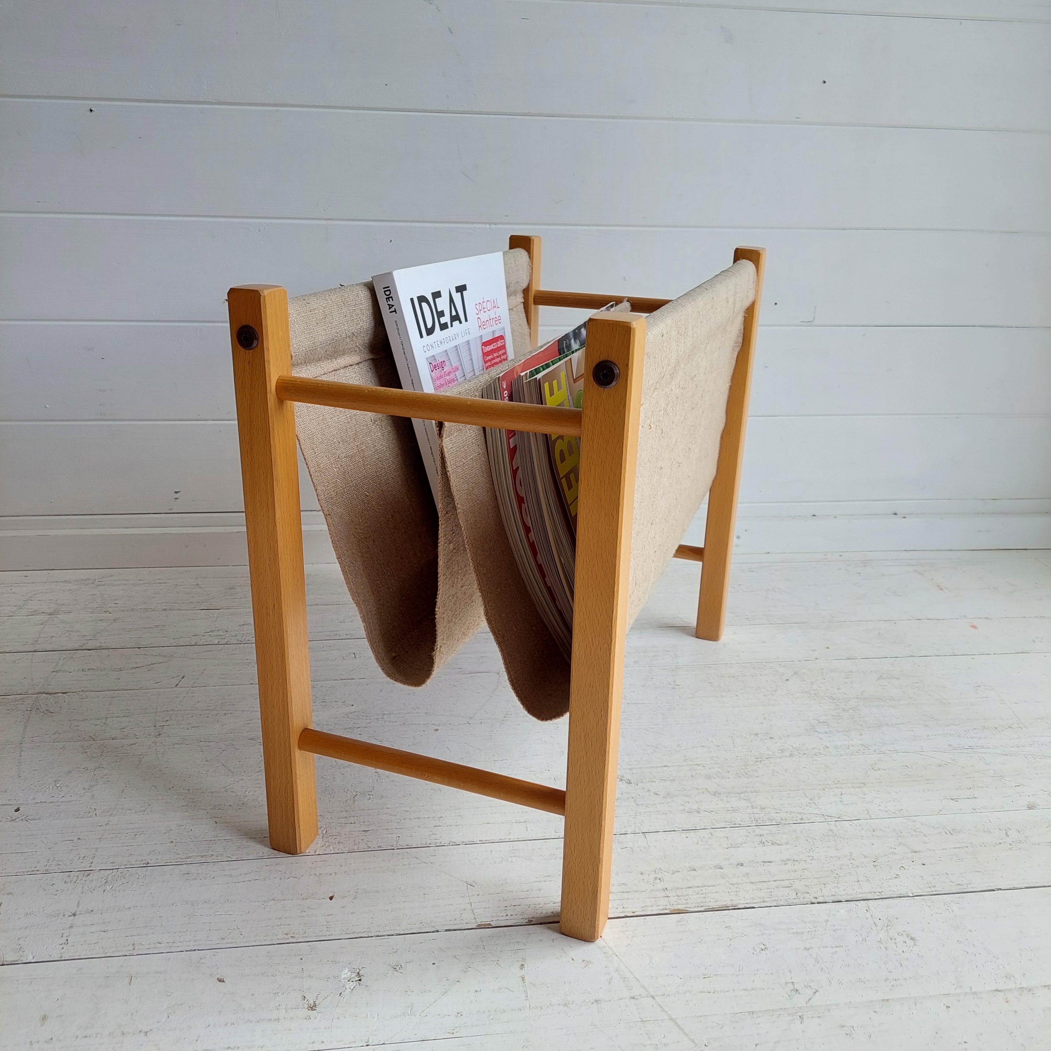 Scandinavian Modern Mid Century Danish Magazine Rack In Teak & Natural Linen By Pbj Mobler, 1960s