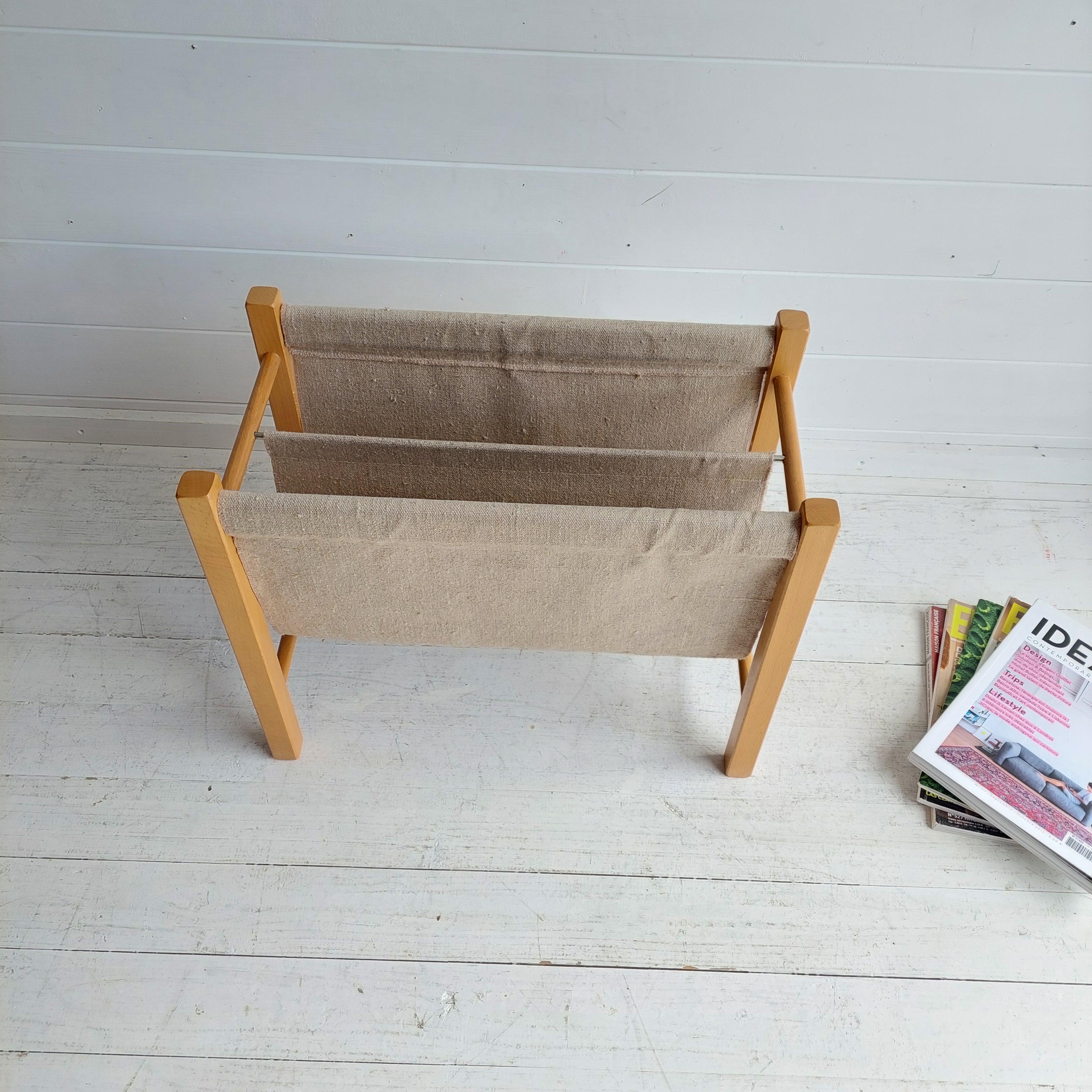 20th Century Mid Century Danish Magazine Rack In Teak & Natural Linen By Pbj Mobler, 1960s