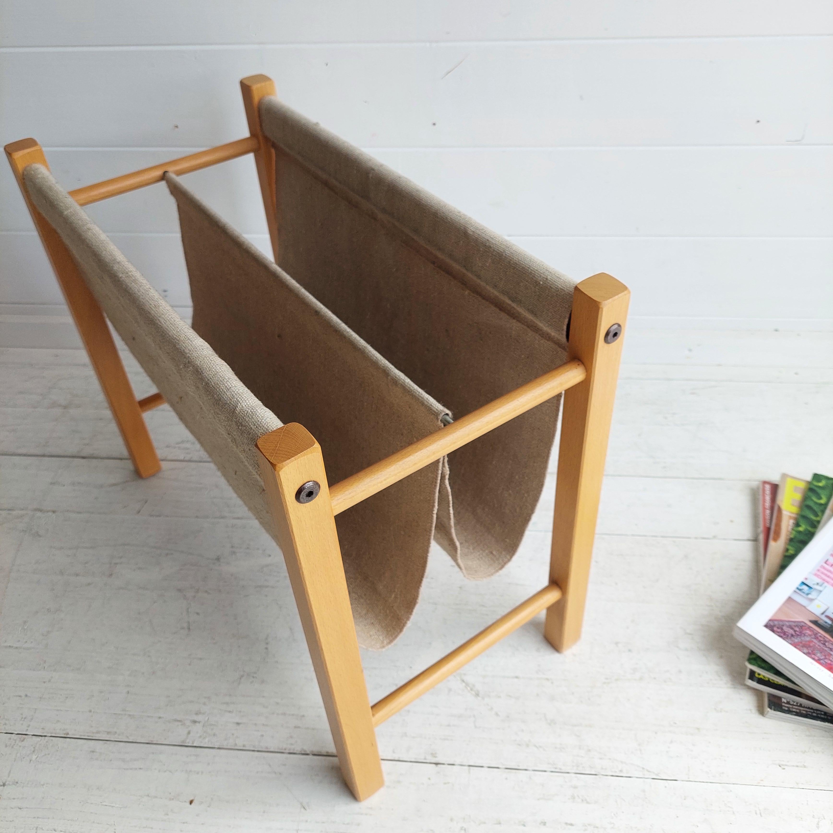 Mid Century Danish Magazine Rack In Teak & Natural Linen By Pbj Mobler, 1960s 1