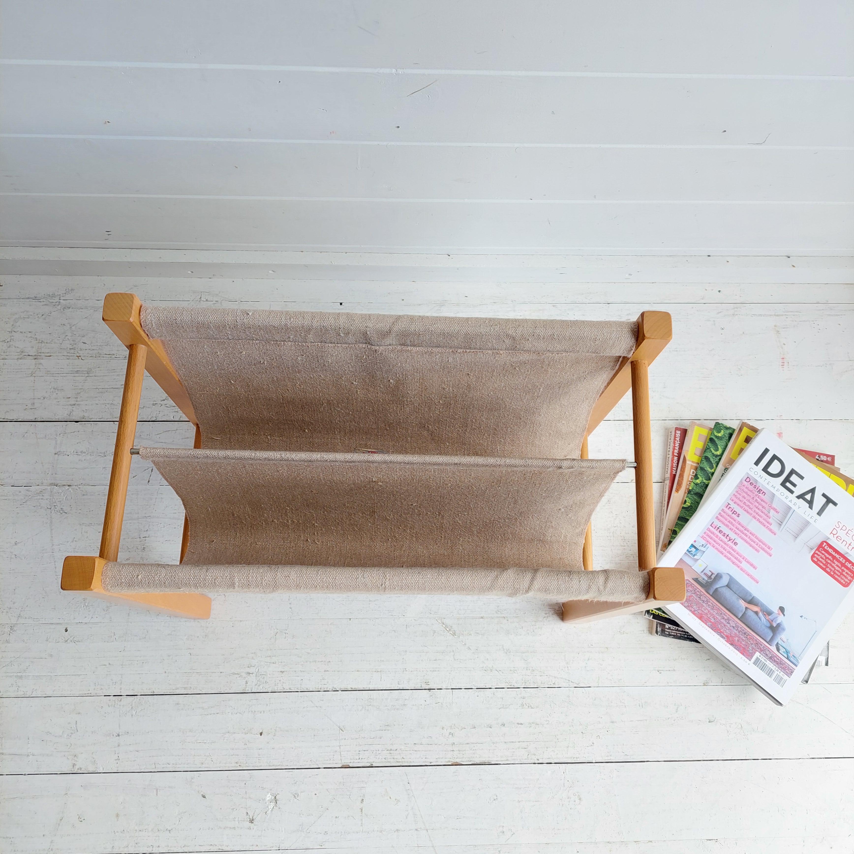 Mid Century Danish Magazine Rack In Teak & Natural Linen By Pbj Mobler, 1960s 3