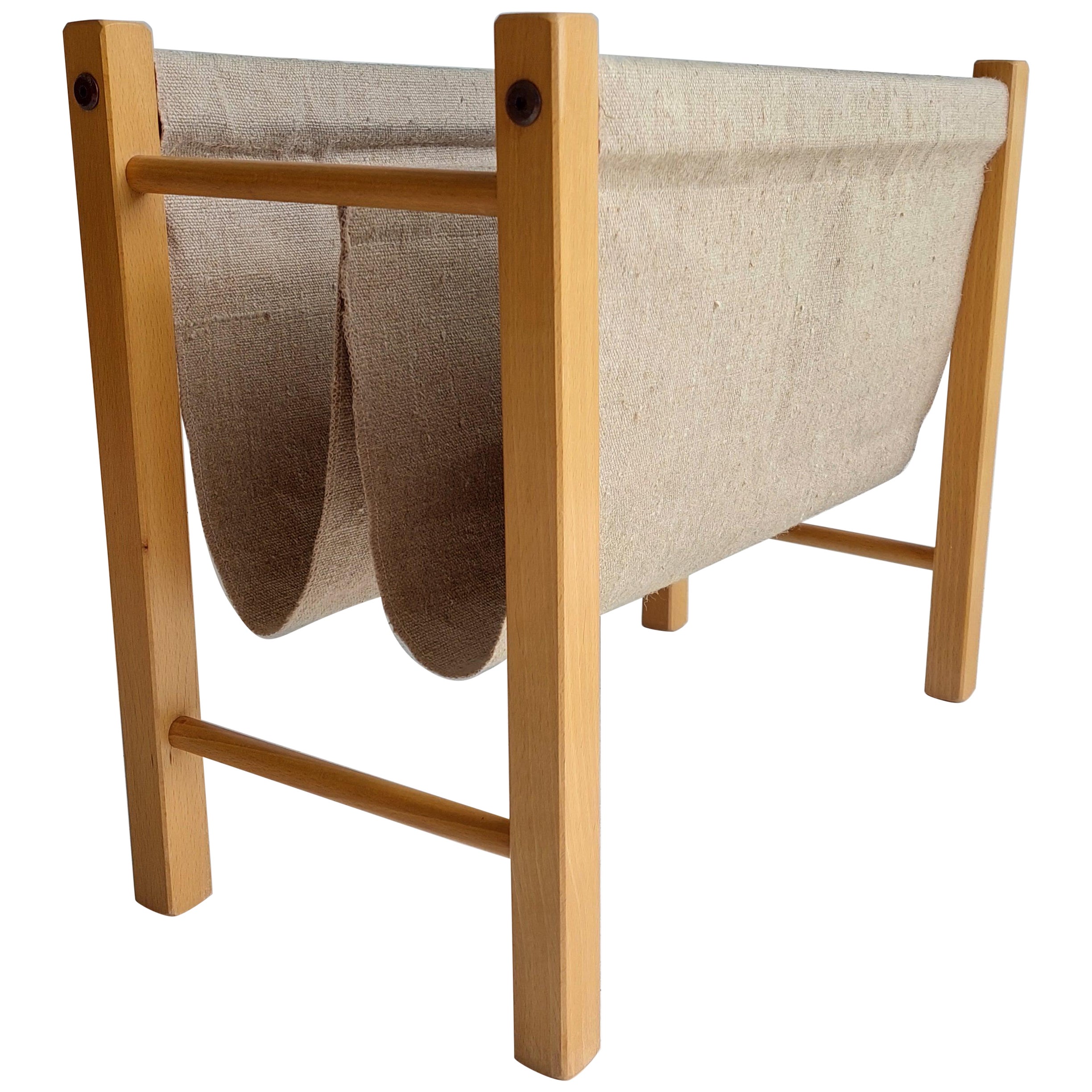 Mid Century Danish Magazine Rack In Teak & Natural Linen By Pbj Mobler, 1960s