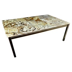 Mid Century Danish Marble Top Coffee Table with Walnut and Brass Trim Base