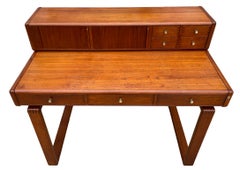 Mid Century Danish Modern 3 Drawer Teak Desk with Top Organizer D Scan