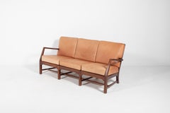 Mid-Century Danish Modern 3-seats sofa with cognac leather cushions