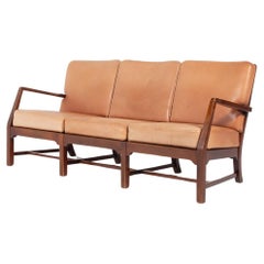 Mid-Century Danish Modern 3-seats sofa with cognac leather cushions