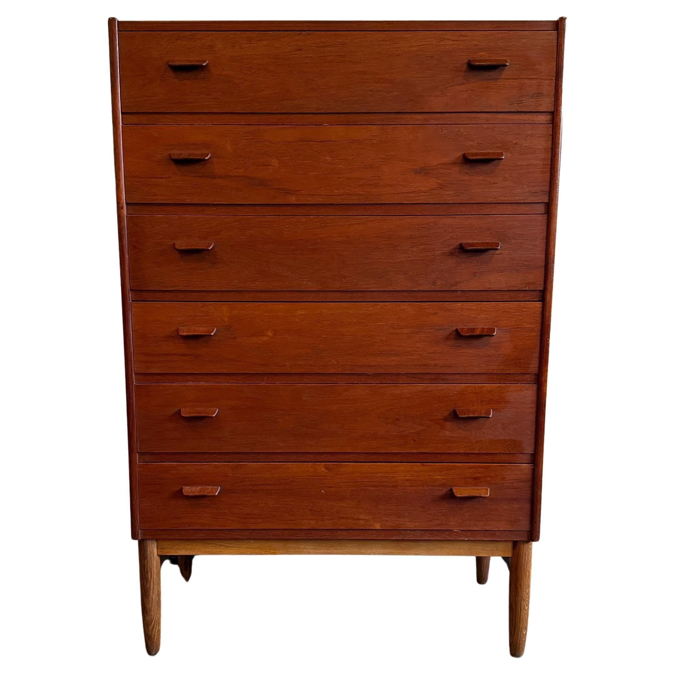 Mid century Danish modern 6 drawer tall teak dresser by Ejvind A. Johansson