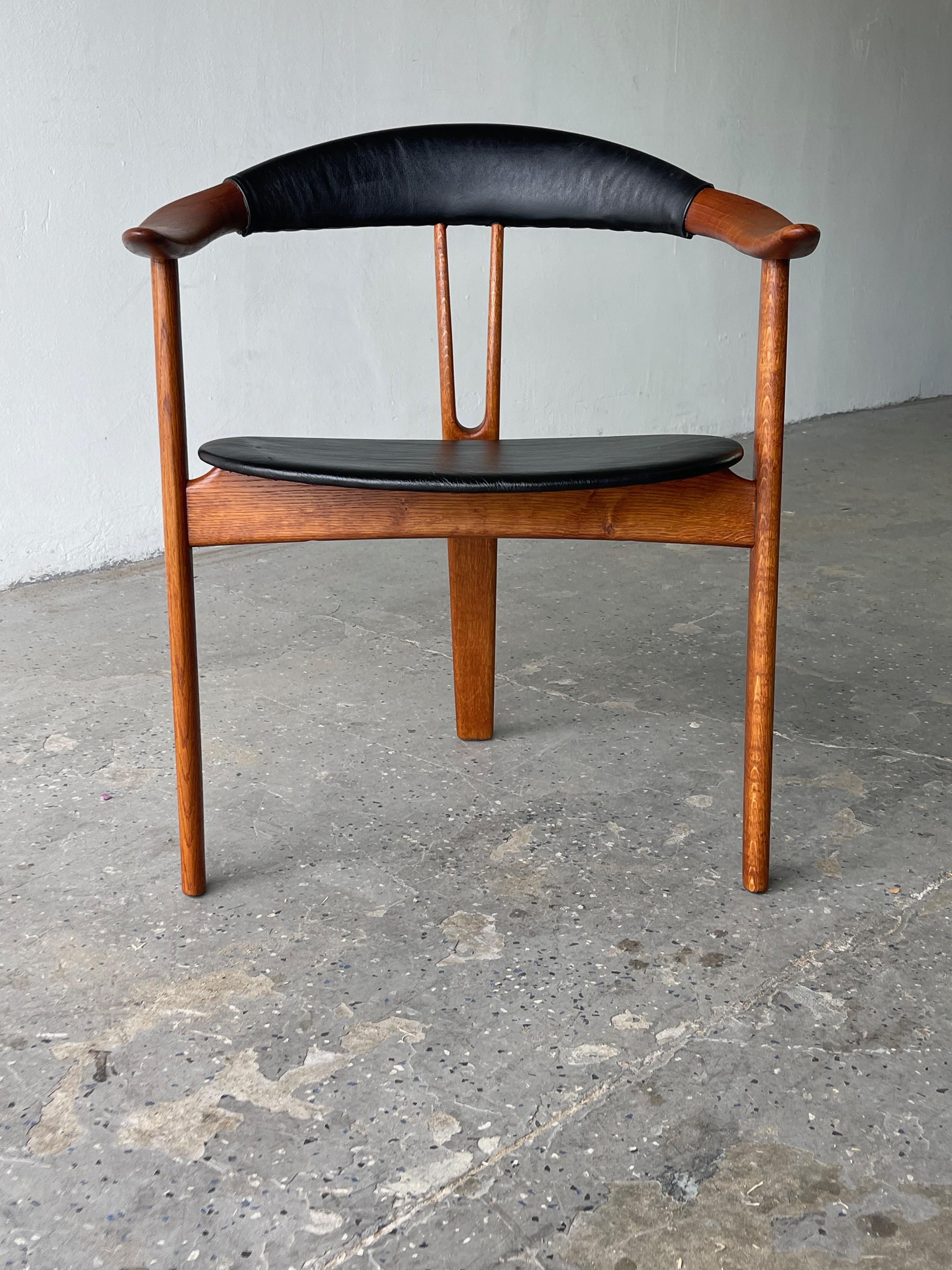 Leather Mid Century Danish Modern Arne Hovmand Olsen Three Leg Lounge Chair