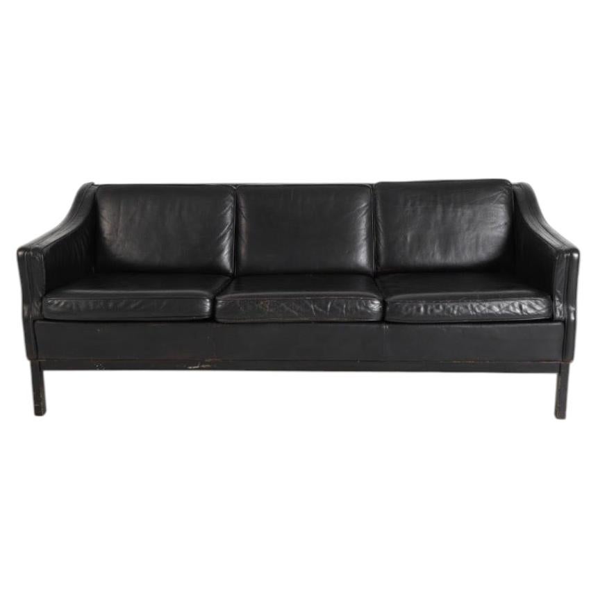 Mid Century Danish Modern Beautiful All Black Leather Sofa