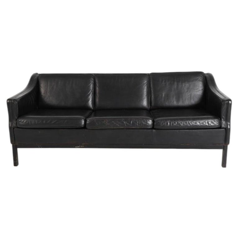 Mid Century Danish Modern Beautiful All Black Leather Sofa