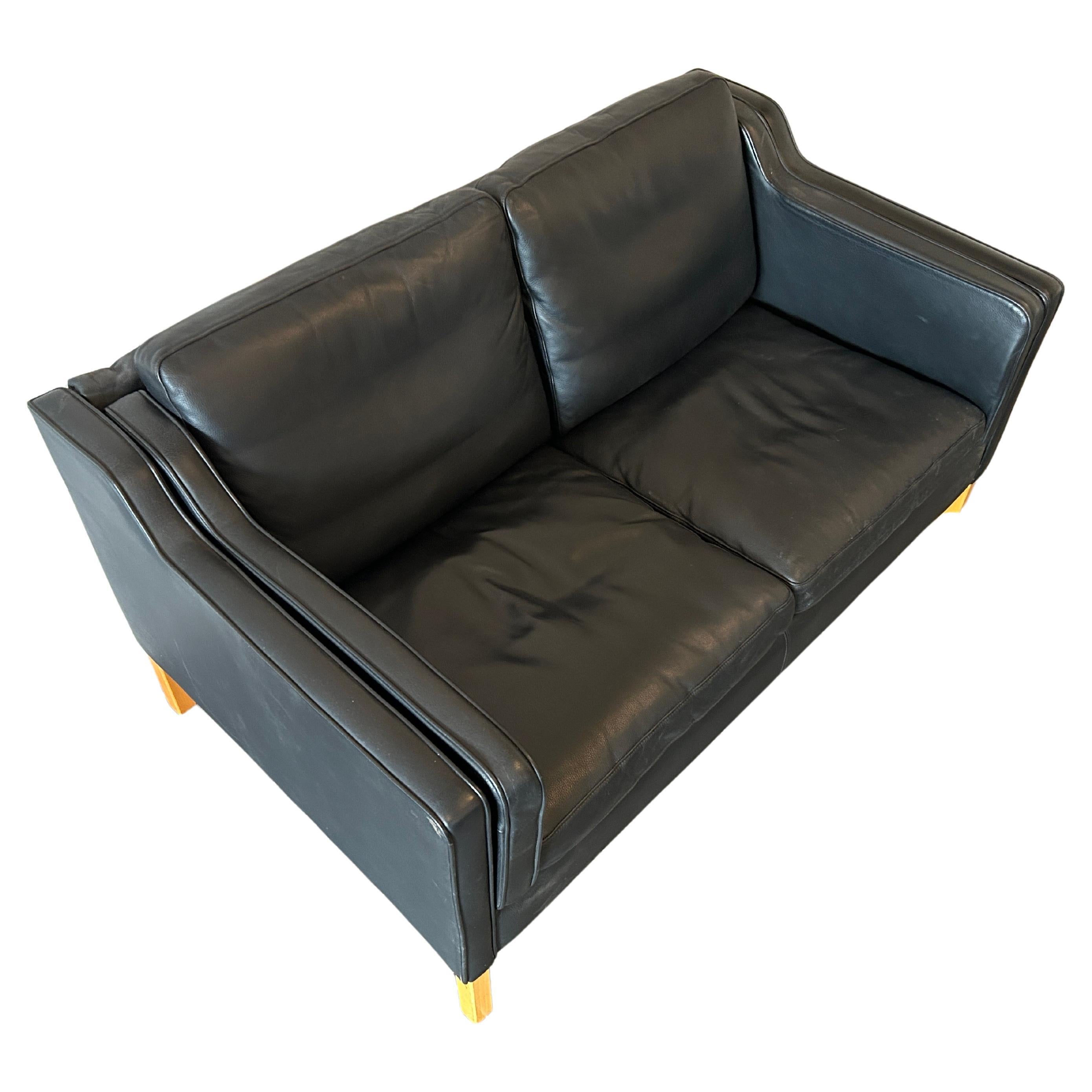 Mid-Century Modern Mid Century Danish Modern Beautiful Black Leather 2 Seat Sofa Birch Legs