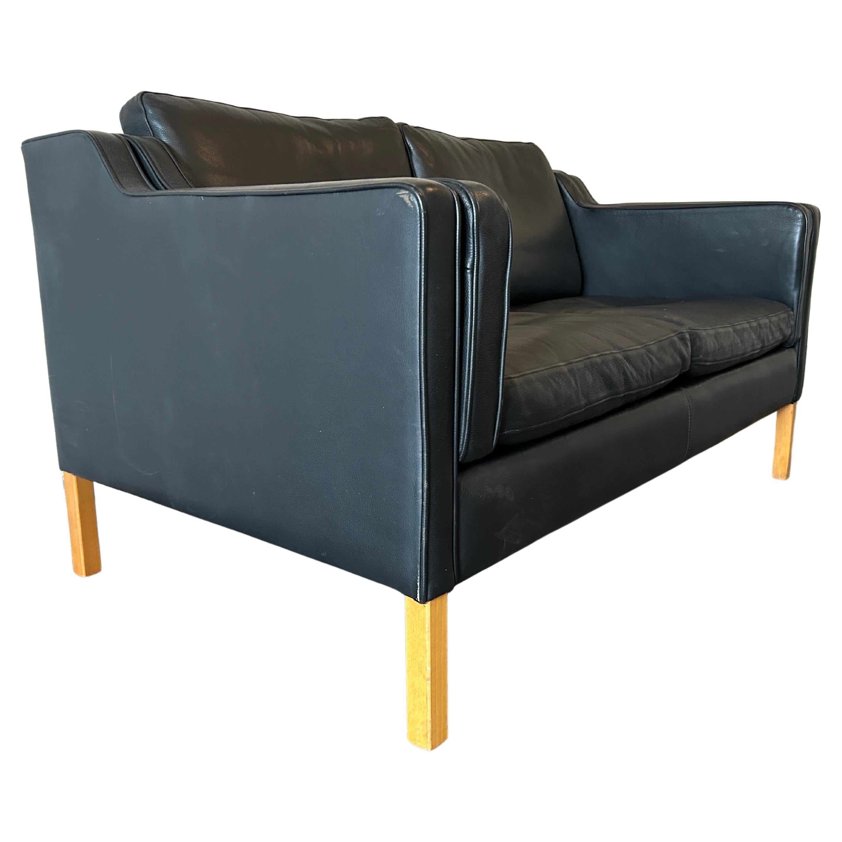 Woodwork Mid Century Danish Modern Beautiful Black Leather 2 Seat Sofa Birch Legs