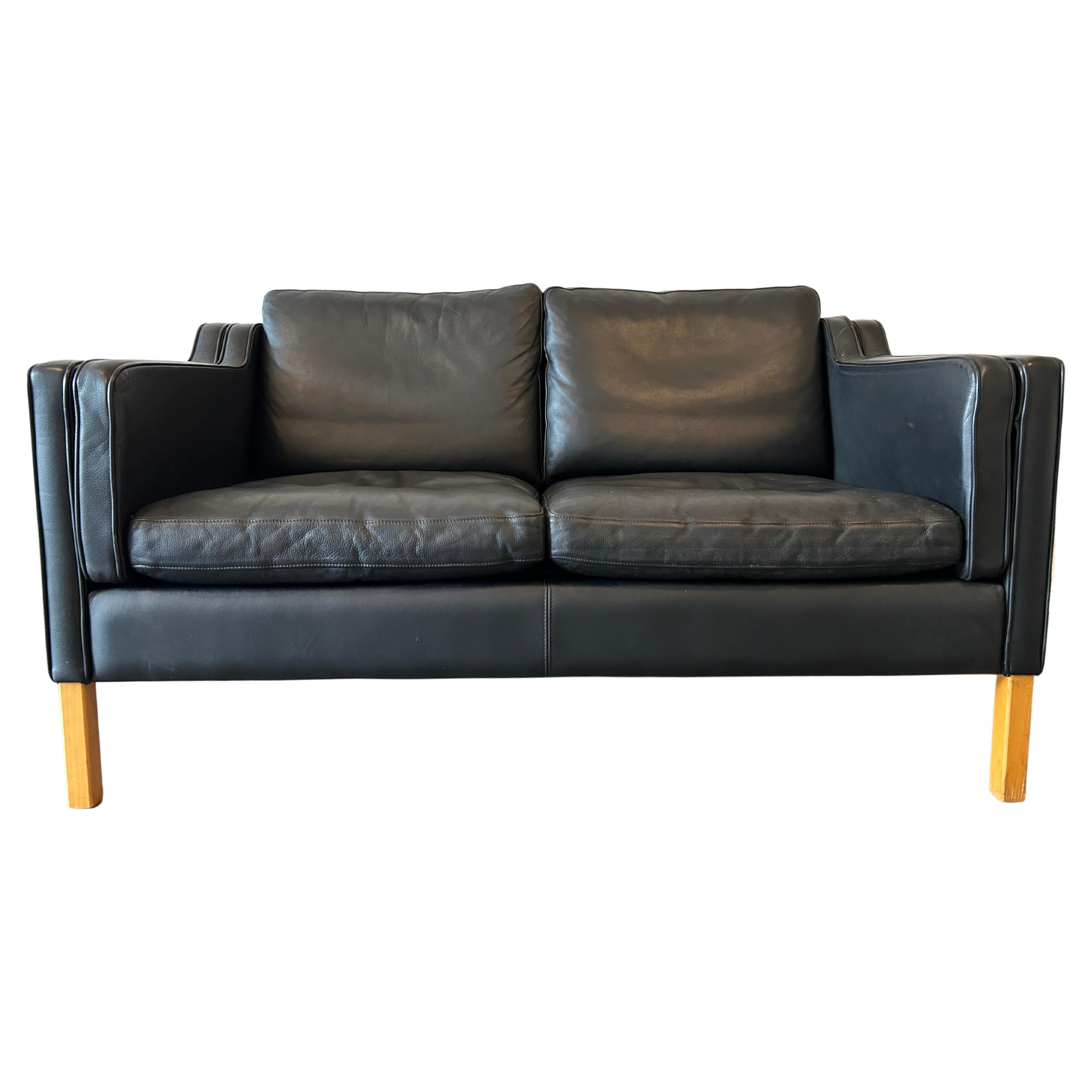 Mid Century Danish Modern Beautiful Black Leather 2 Seat Sofa Birch Legs