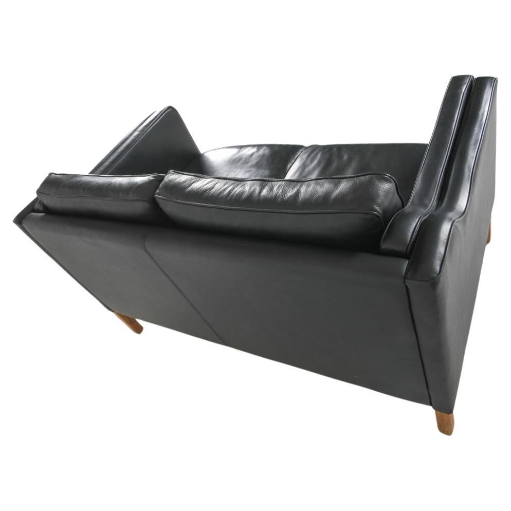 Woodwork Mid-Century Danish Modern Beautiful Black Leather 2 Seat Sofa oak Legs For Sale