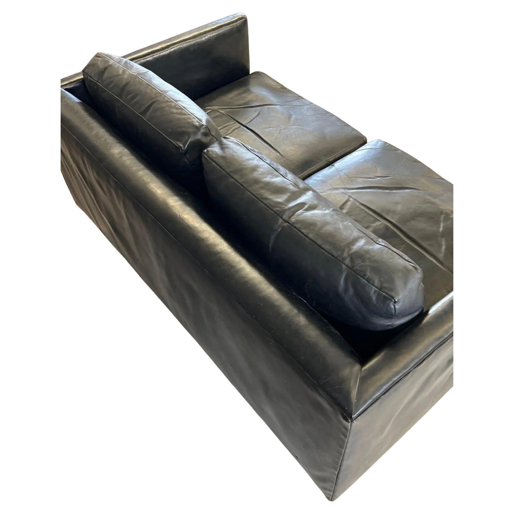 Mid-Century Modern Midcentury Danish Modern Beautiful Black Leather 2 Seat Sofa Teak Round Legs For Sale