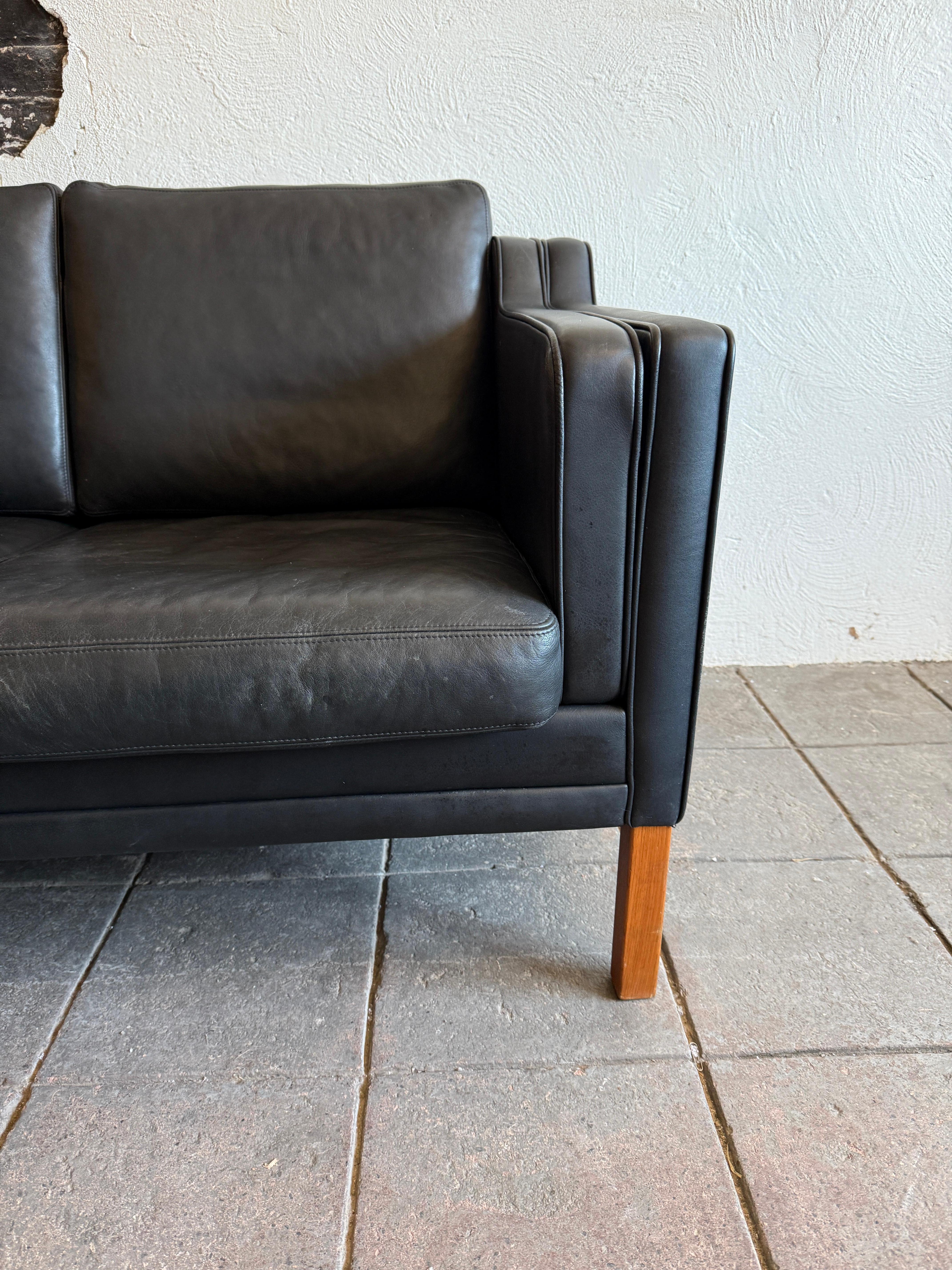 Mid-Century Modern Mid century Danish Modern Beautiful Black Leather 3 Seat Sofa birch Legs