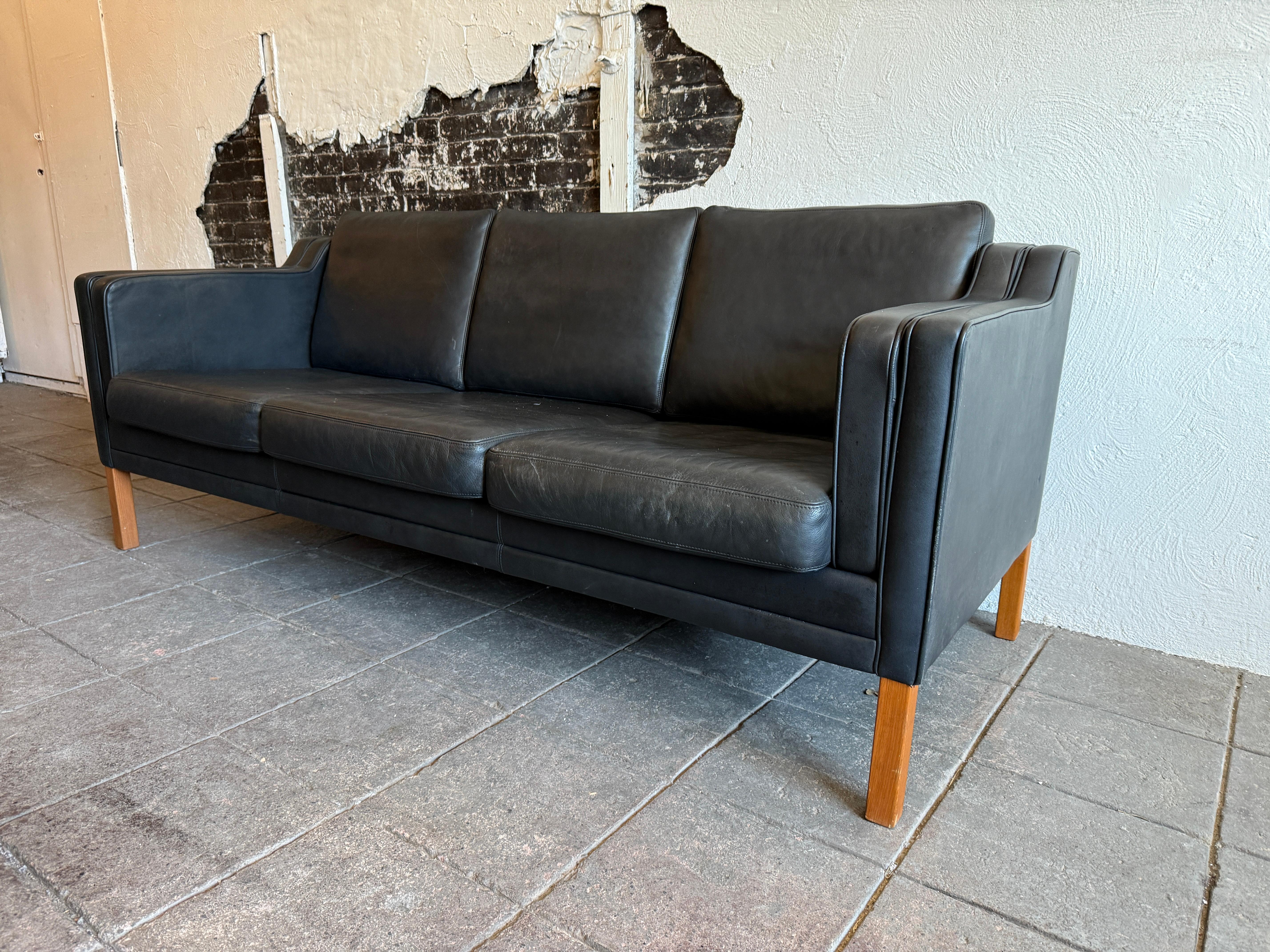 Woodwork Mid century Danish Modern Beautiful Black Leather 3 Seat Sofa birch Legs