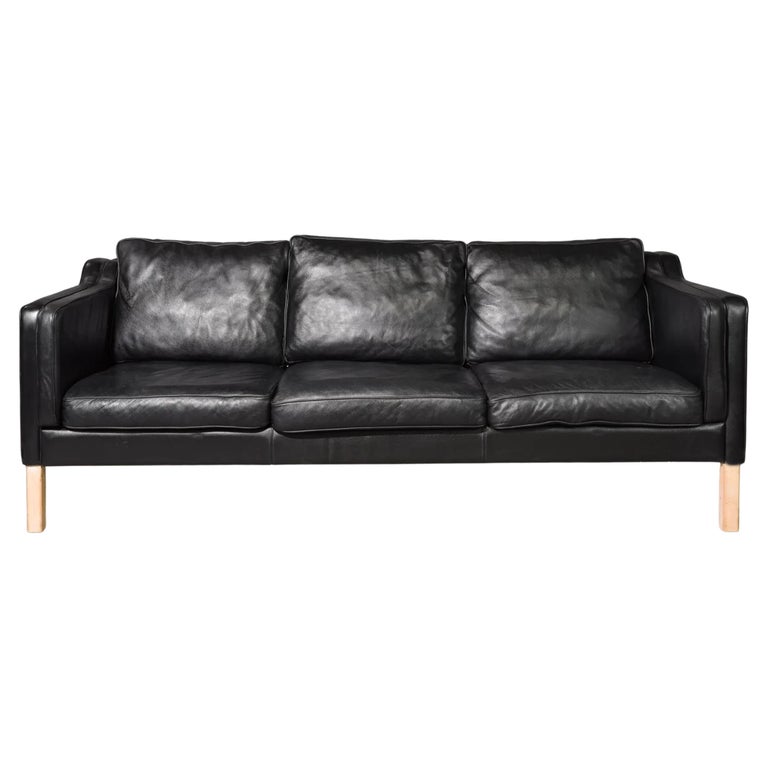 Mid Century Danish Modern Beautiful Black Leather 3 Seat Sofa Birch