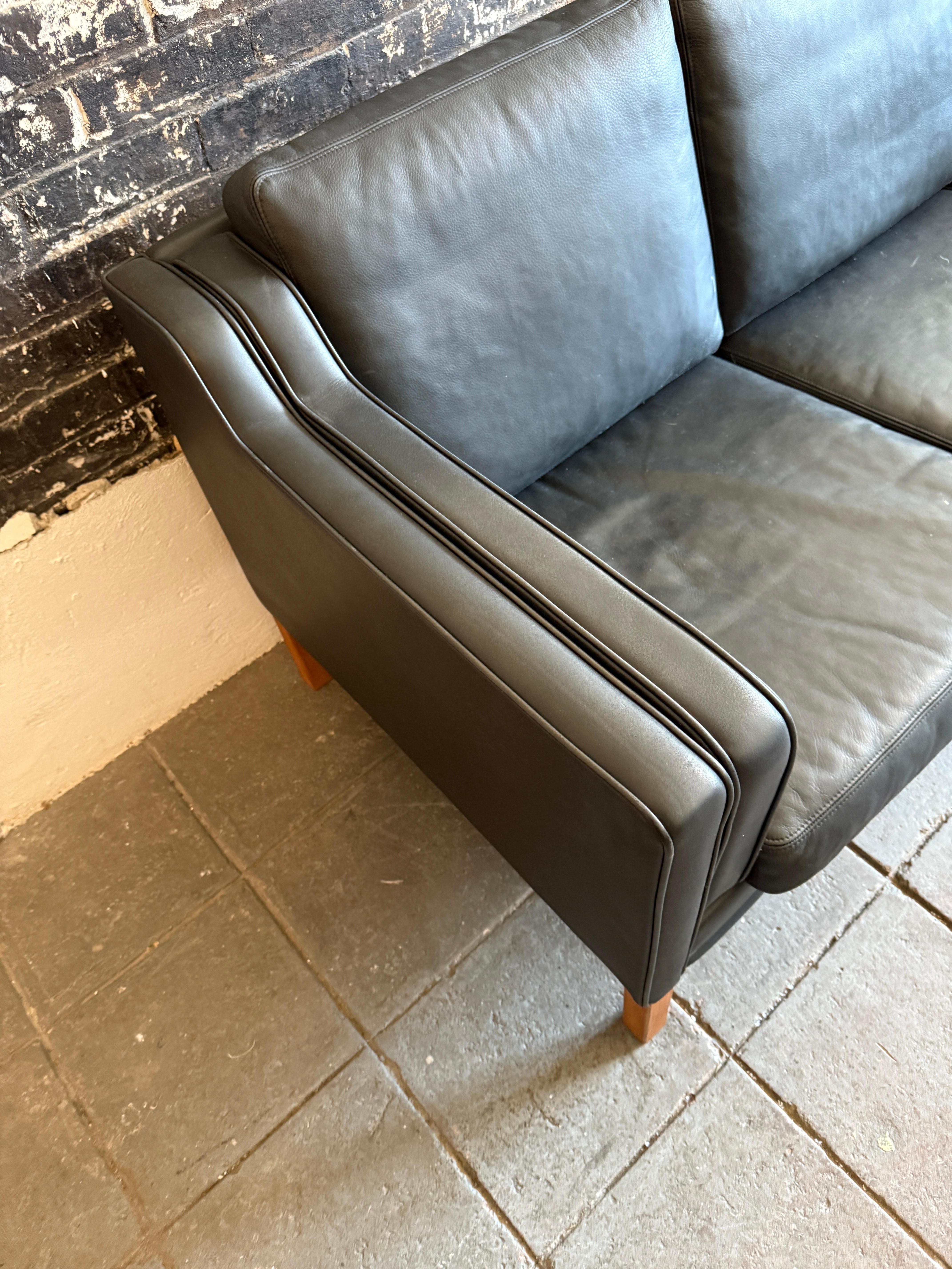 Mid-20th Century Mid century Danish Modern Beautiful Black Leather 3 Seat Sofa birch Legs