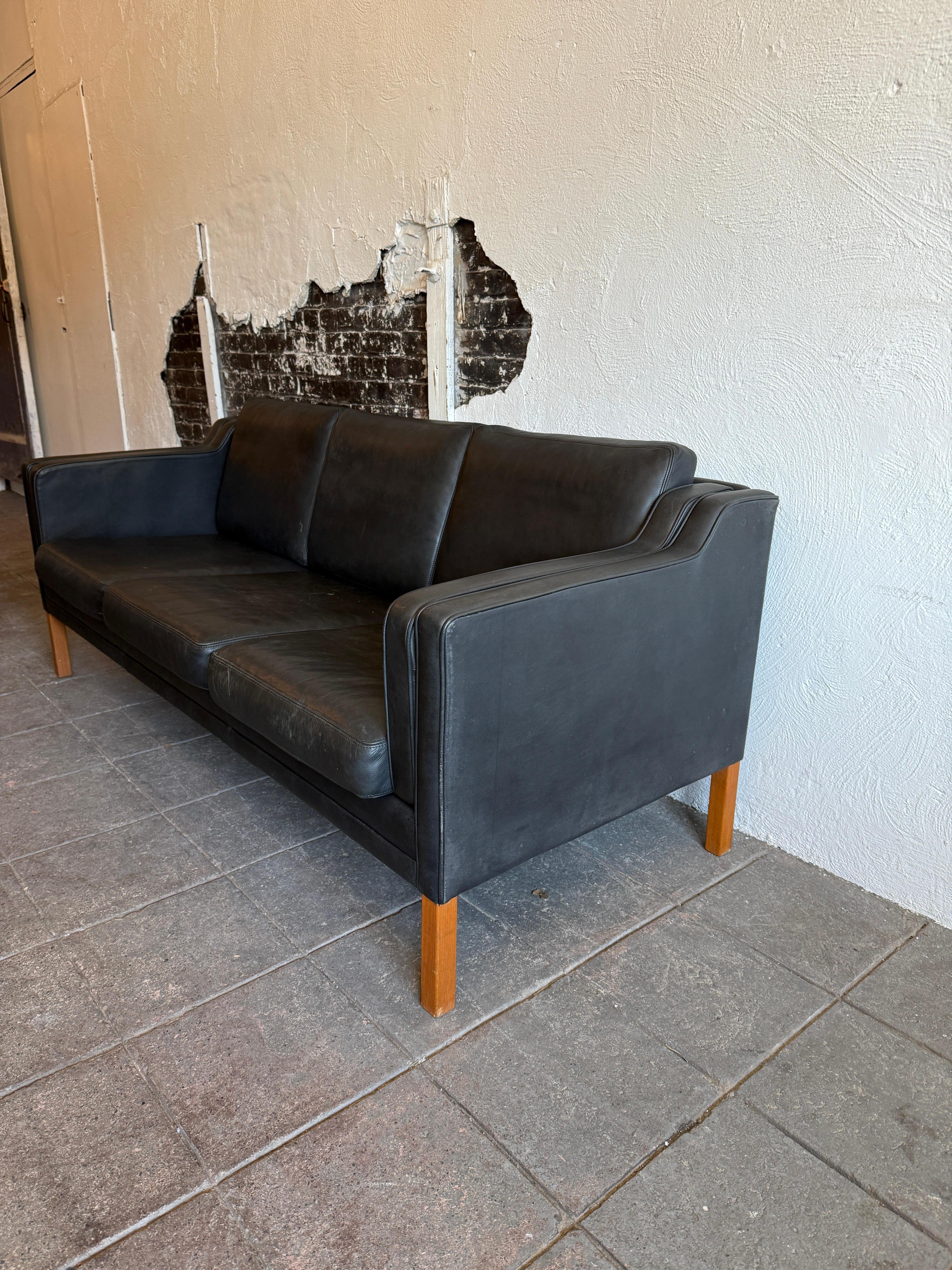 Mid century Danish Modern Beautiful Black Leather 3 Seat Sofa birch Legs 2