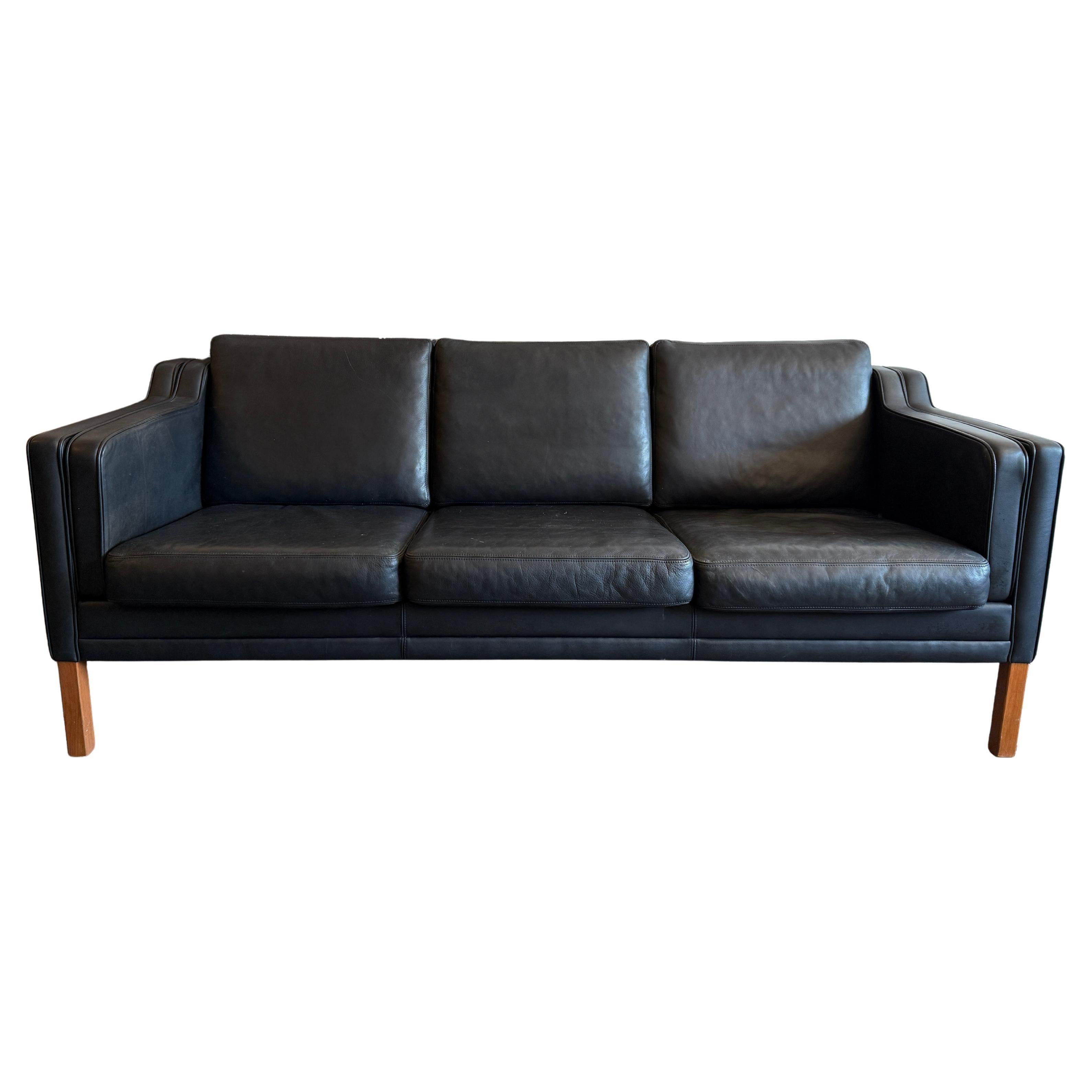 Mid century Danish Modern Beautiful Black Leather 3 Seat Sofa birch Legs
