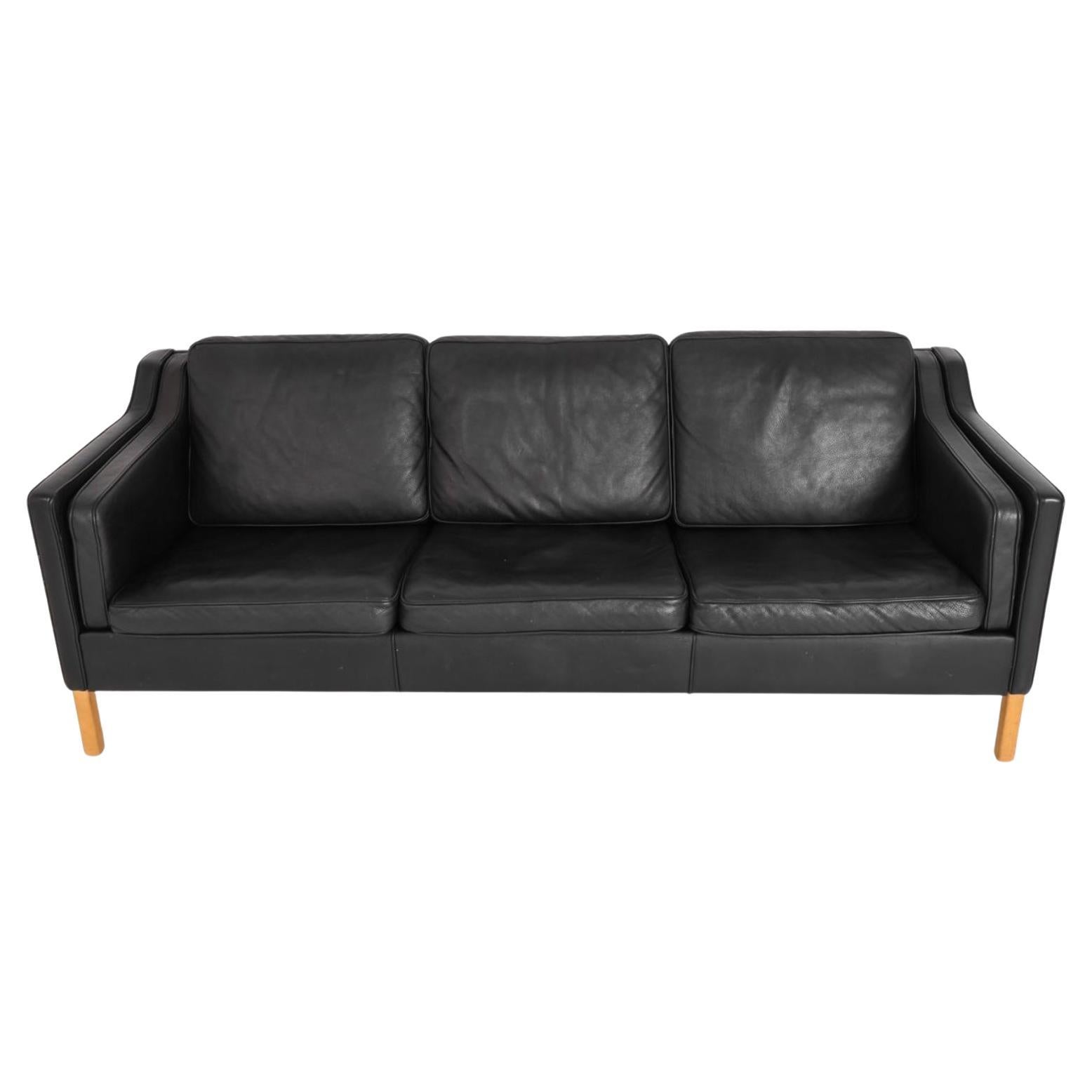 Mid Century Danish Modern Beautiful Black Leather 3 Seat Sofa birch Legs