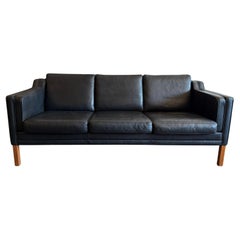 Mid century Danish Modern Beautiful Black Leather 3 Seat Sofa birch Legs