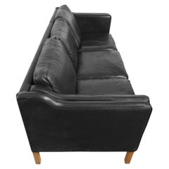 Mid Century Danish Modern Beautiful Black Leather 3 Seat Sofa oak Legs