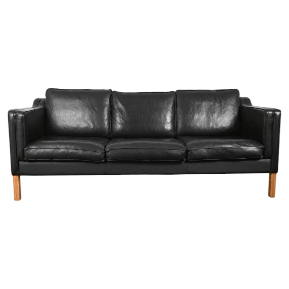 Mid Century Danish Modern Beautiful Black Leather 3 Seat Sofa oak Legs