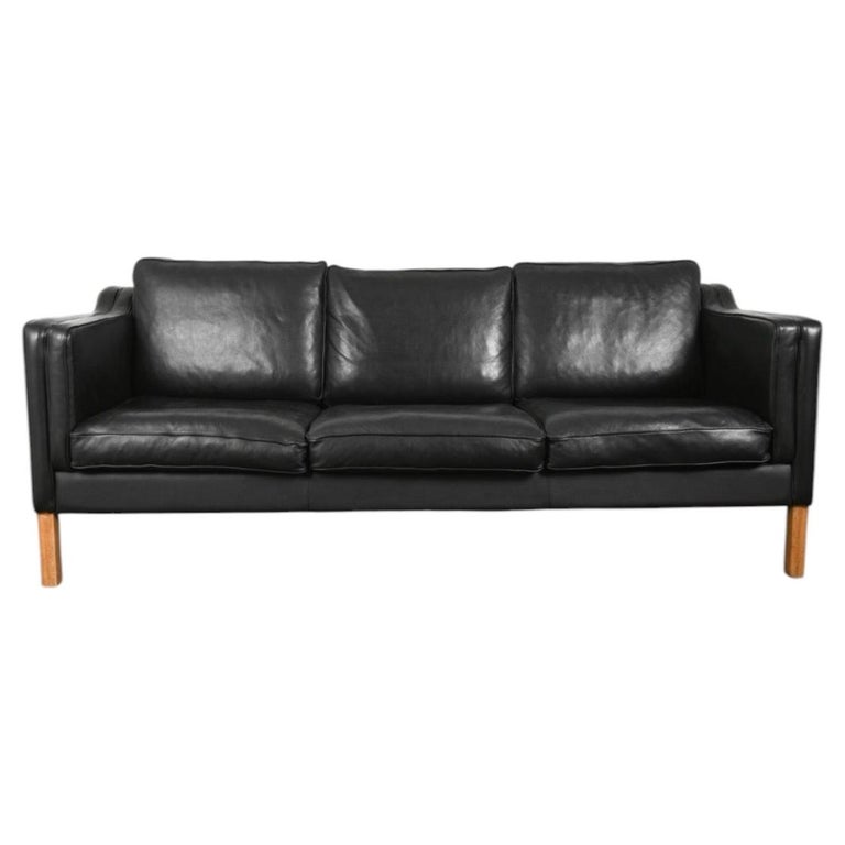 Mid Century Danish Modern Beautiful Black Leather 3 Seat Sofa oak Legs