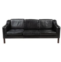 Mid Century Danish Modern Beautiful Black Leather 3 Seat Sofa Wood Legs