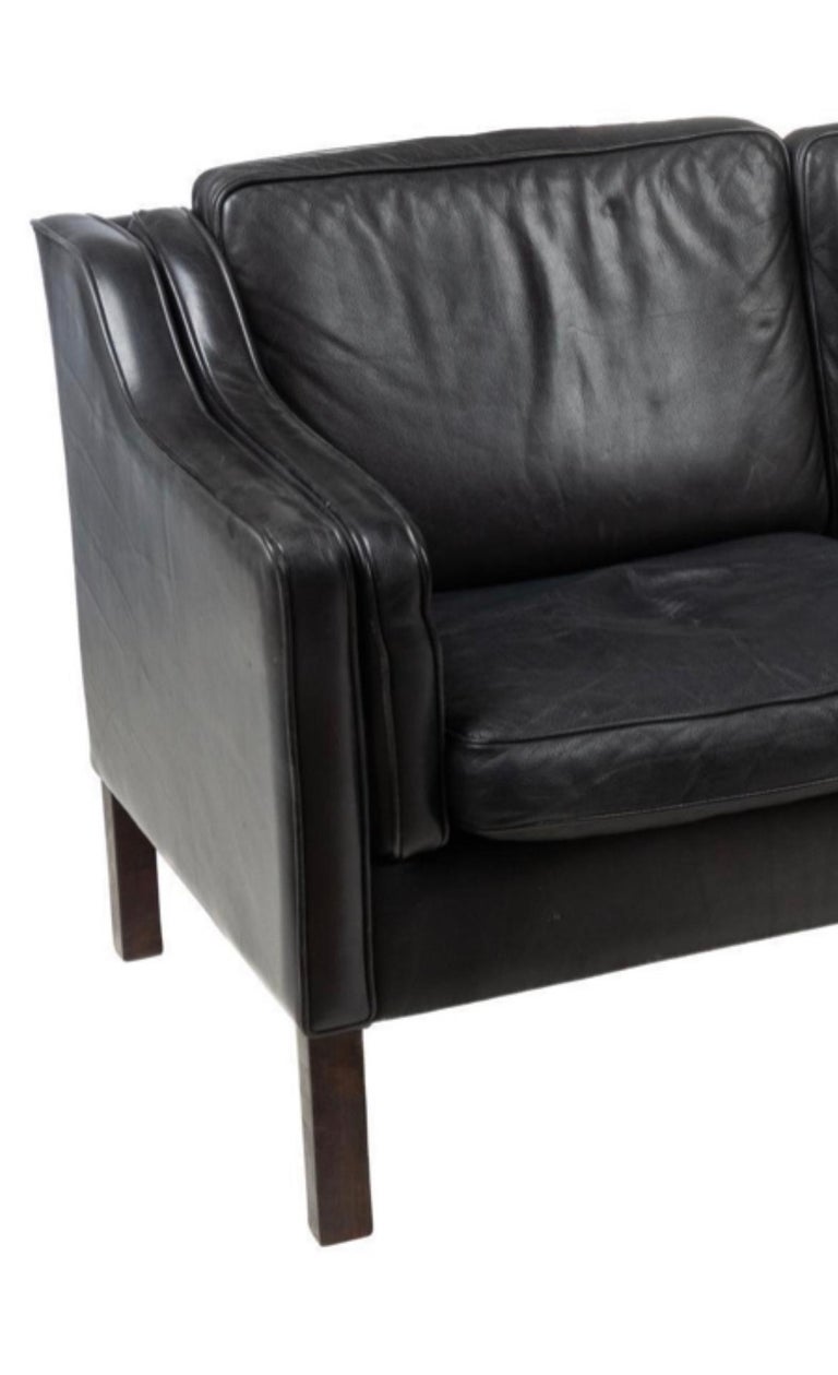 Mid Century Danish Modern Beautiful Black Leather 3 Seat Sofa wood Legs