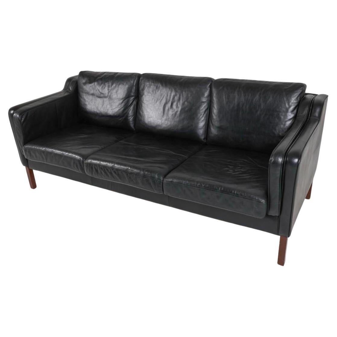 Mid-Century Modern Mid Century Danish Modern Beautiful Black Leather 3 Seat Sofa Wood Legs