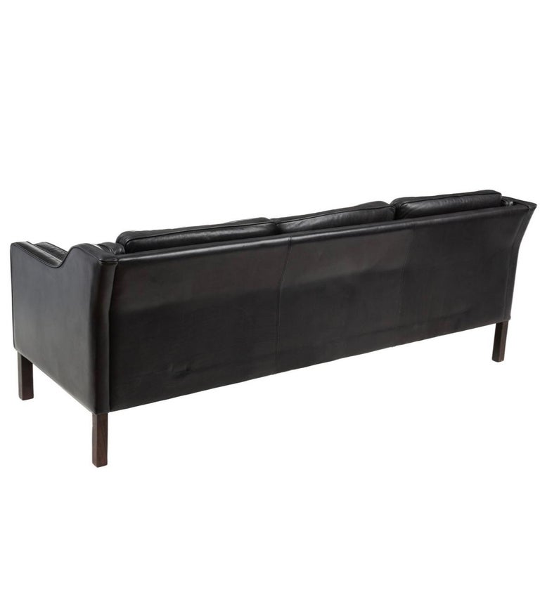 Mid Century Danish Modern Beautiful Black Leather 3 Seat Sofa wood Legs
