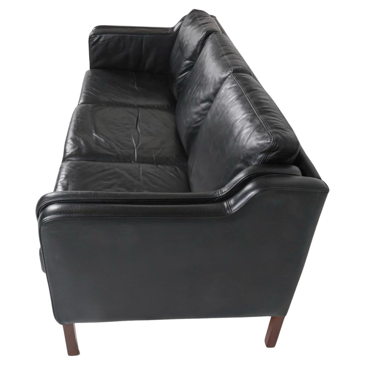 Woodwork Mid Century Danish Modern Beautiful Black Leather 3 Seat Sofa Wood Legs