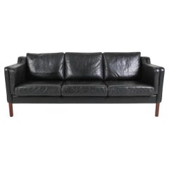 Vintage Mid Century Danish Modern Beautiful Black Leather 3 Seat Sofa Wood Legs