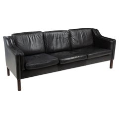 Mid Century Danish Modern Beautiful Black Leather 3 Seat Sofa Wood Legs