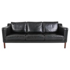 Mid Century Danish Modern Beautiful Black Leather 3 Seat Sofa Wood Legs