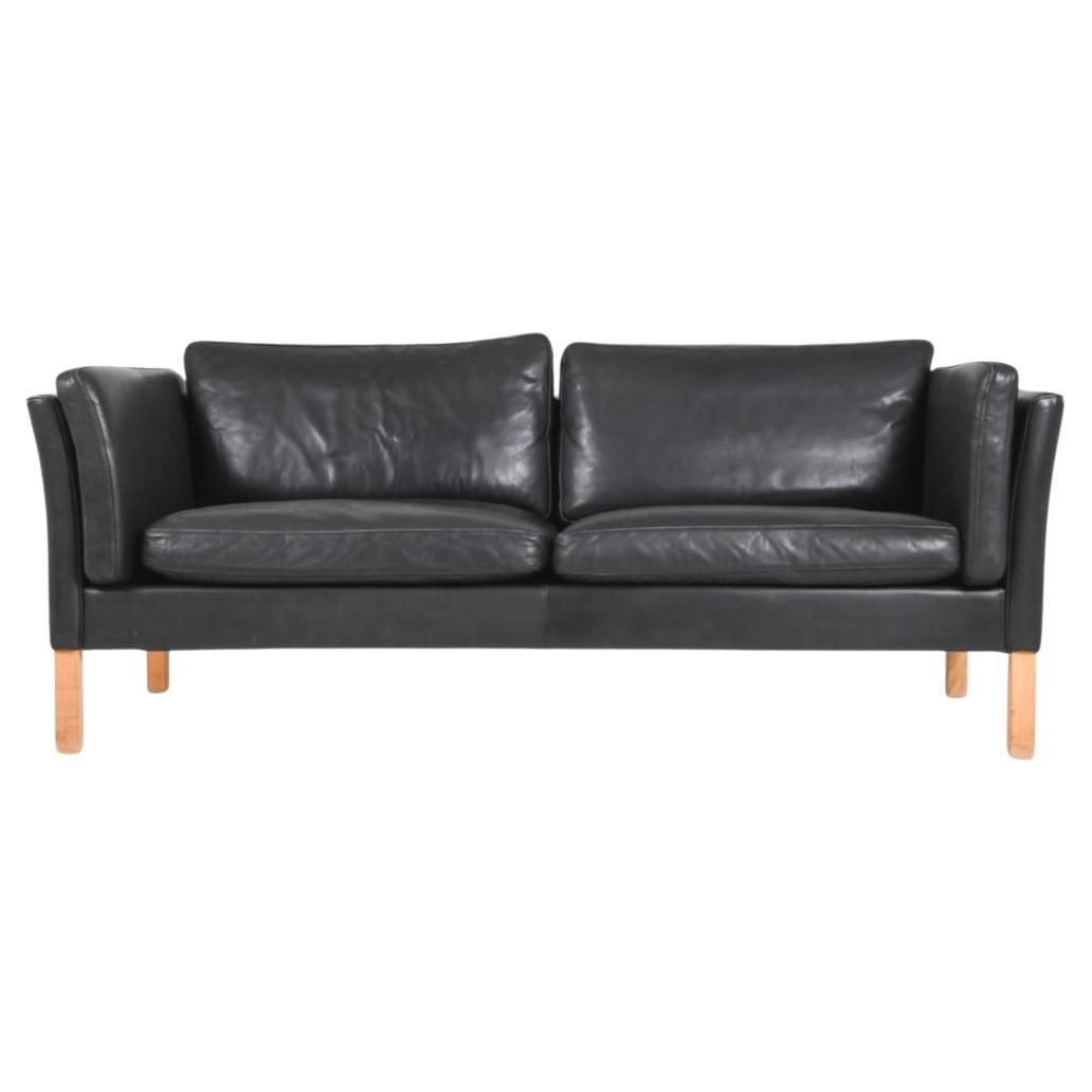 Mid Century Danish Modern Beautiful black Leather long loveseat Sofa For Sale