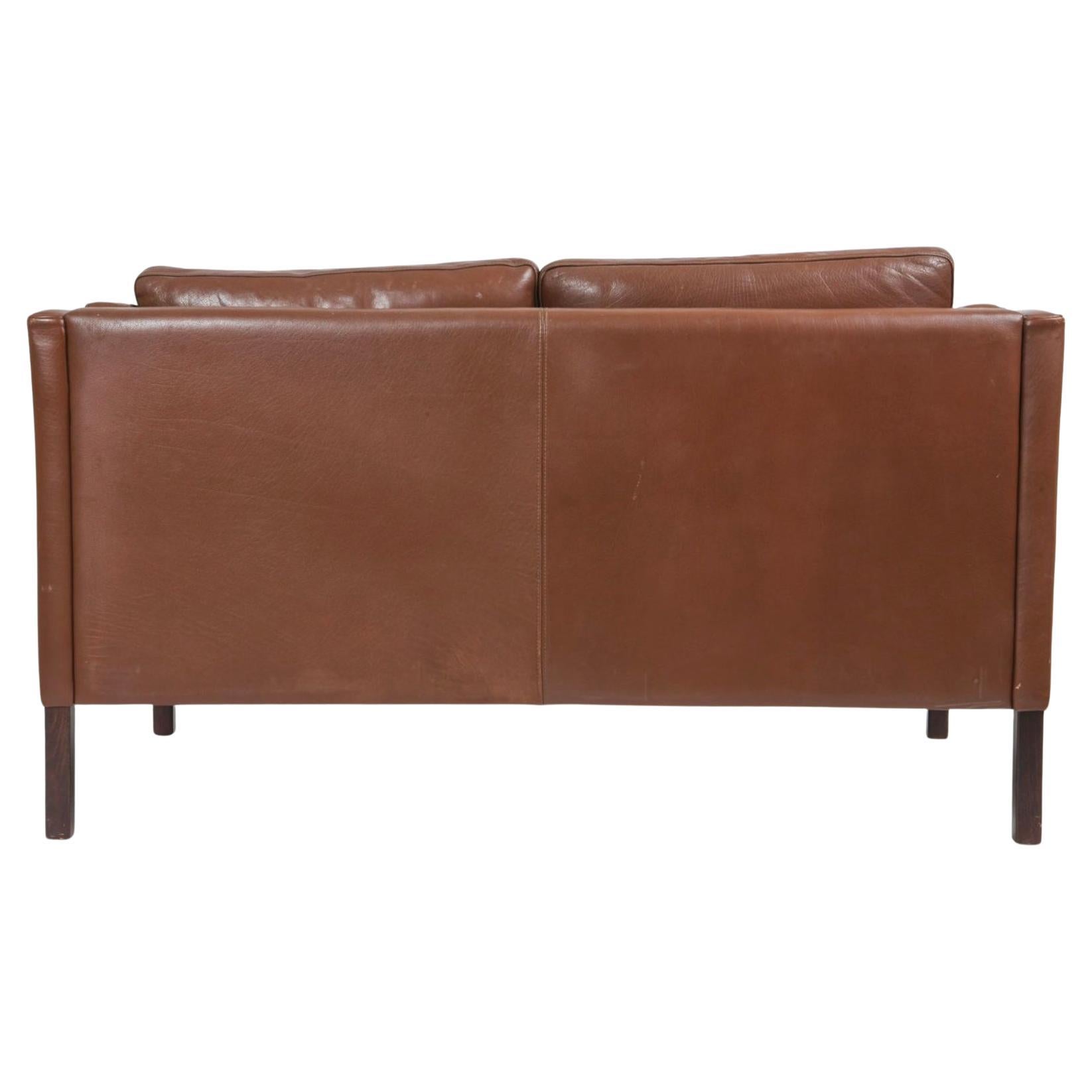 Woodwork Mid Century Danish Modern Beautiful Brown Leather 2 Seat Sofa loveseat For Sale