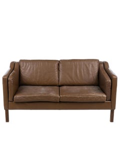 Mid Century Danish Modern Beautiful Brown Leather 2 Seat Sofa wood Legs