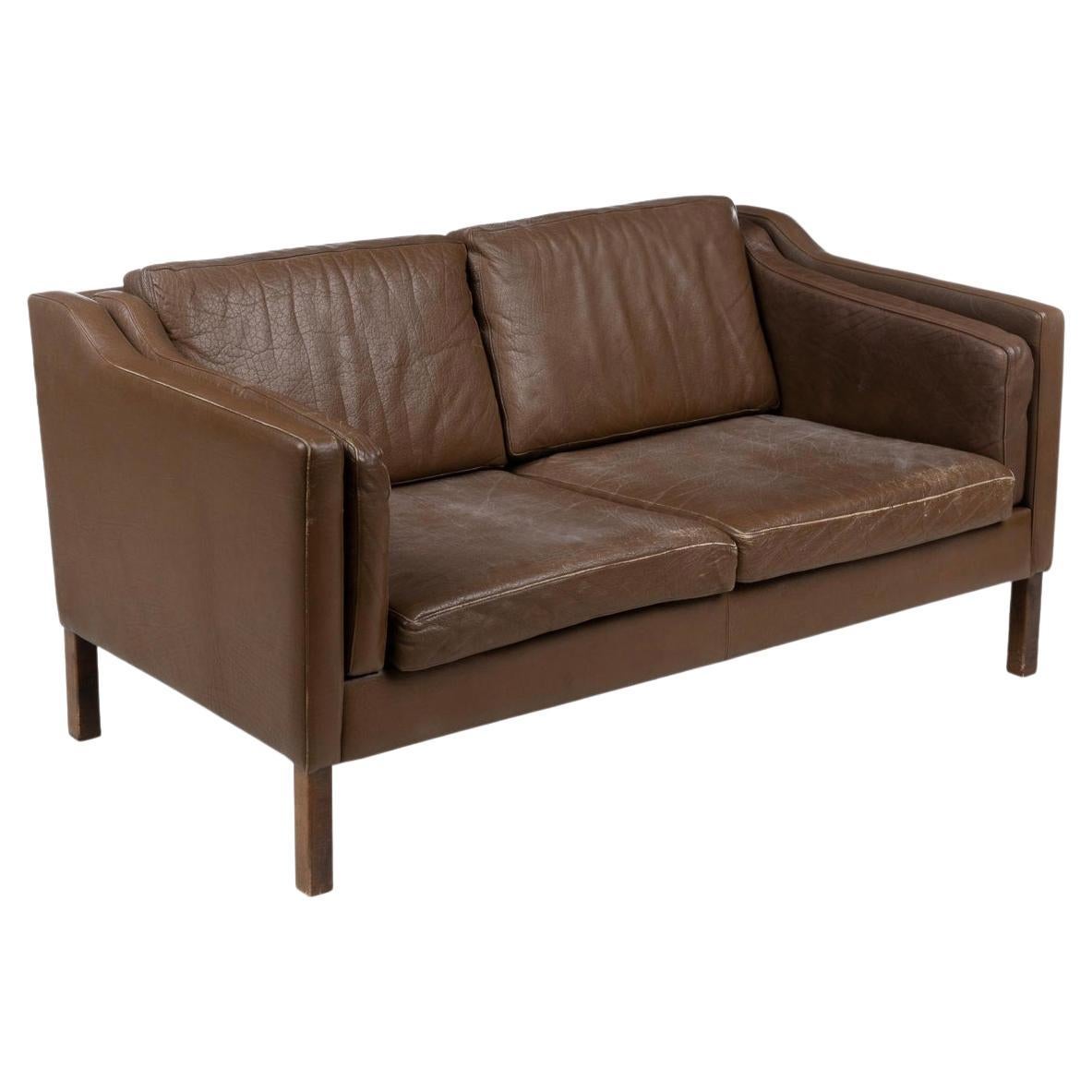 Mid Century Danish Modern Beautiful Brown Leather 2 Seat Sofa wood Legs