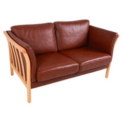 Mid century Danish Modern Beautiful brown leather 2 Sofa Birch Frame