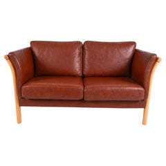 Mid century Danish Modern Beautiful brown leather 2 Sofa Birch Frame